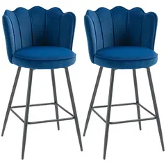 HOMCOM Set of Two Velvet-Feel Lotus Bar Stools - Dark Blue - 1