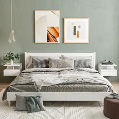 HOMCOM Set of Two Floating High Gloss Bedside Tables - White - 2