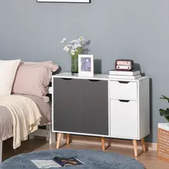 HOMCOM Sideboard Floor Standing Storage Cabinet with Drawer and Solid Wood Legs for Bedroom, Living Room, Home Office, Grey - 2