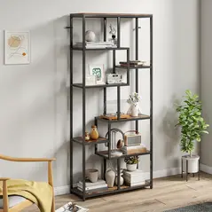 HOMCOM Seven-Tier Geometric Bookcase - Brown/Black - 7