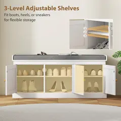 HOMCOM Shoe Storage Bench with Woven Rattan Doors, Seat - White - 7