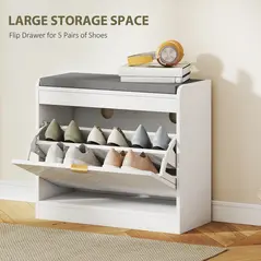 HOMCOM Shoe Storage with Seat, Upholstered Entryway Bench, Shoe Bench with 1 Flip Drawer and 4 Vents for 5 Pairs of Shoes - 4