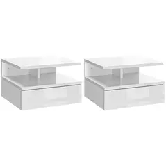 HOMCOM Set of Two Floating High Gloss Bedside Tables - White - 1