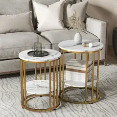 HOMCOM Set of Two Marble-Effect Coffee Tables - White/Gold-Tone - 2