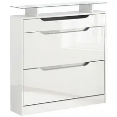 HOMCOM Shoe Storage Cabinet with Slide Out Drawer, 2 Flip Doors, Tempered Glass Top - White - 1