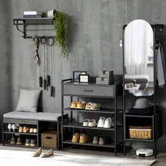 HOMCOM Shoe Storage with Seat, Upholstered Entryway Bench, Shoe Bench with 3 Open Shelves for Hallway, Grey - 6