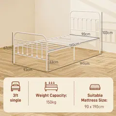 HOMCOM Single Minimalistic Metal Bed Frame - White - 3