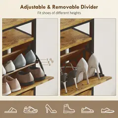 HOMCOM Shoe Storage Cabinet with 4 Flip Drawers and Open Shelf - Rustic Brown - 6