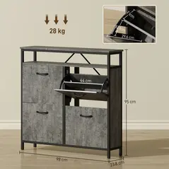 HOMCOM Shoe Storage Cabinet with 4 Flip Drawers and Open Shelf - Cement Grey - 3