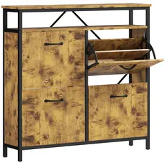 HOMCOM Shoe Storage Cabinet with 4 Flip Drawers and Open Shelf - Rustic Brown - 1