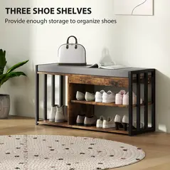 HOMCOM Shoe Storage with Seat, Upholstered Entryway Bench, Shoe Bench with 3 Open Shelves for Hallway, Rustic Brown - 4