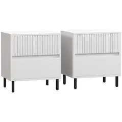 HOMCOM Simple Line Indented Two-Drawer Bedside Table Set of 2 - White - 1
