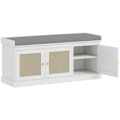 HOMCOM Shoe Storage Bench with Woven Rattan Doors, Seat - White - 1