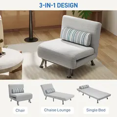 HOMCOM Single Sofa Bed, 1 Person Sleeper Foldable Lounge with Pillow, Light Grey - 4
