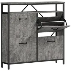 HOMCOM Shoe Storage Cabinet with 4 Flip Drawers and Open Shelf - Cement Grey - 1