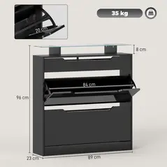 HOMCOM Shoe Storage Cabinet with Slide Out Drawer, 2 Flip Doors, Tempered Glass Top - Black - 3