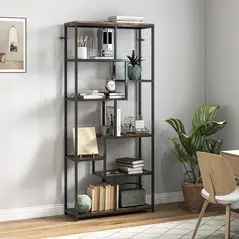 HOMCOM Seven-Tier Geometric Bookcase - Brown/Black - 2