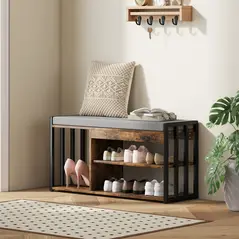 HOMCOM Shoe Storage with Seat, Upholstered Entryway Bench, Shoe Bench with 3 Open Shelves for Hallway, Rustic Brown - 2