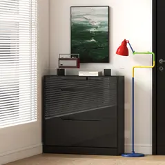 HOMCOM Shoe Storage Cabinet with Slide Out Drawer, 2 Flip Doors, Tempered Glass Top - Black - 8