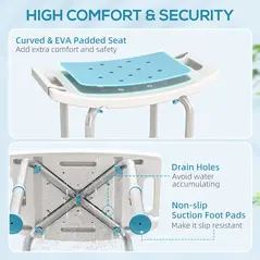 HOMCOM Shower Chair, Adjustable Height Shower Stool with Aluminium Frame and Non-Slip Feet, Bathtub Stool Seat for Elderly Disabled Handicap, Turquoise - 4