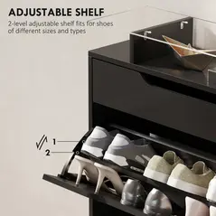 HOMCOM Shoe Storage Cabinet with Slide Out Drawer, 2 Flip Doors, Tempered Glass Top - Black - 5