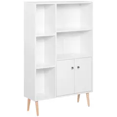 HOMCOM Sideboard Storage Cabinet Cupboard, Open Bookcase with 2 Doors 5 Compartments Wooden Modern Style for Living Room Bedroom Kitchen 80 x 23 x 123 cm, White - 1