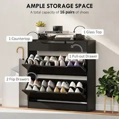 HOMCOM Shoe Storage Cabinet with Slide Out Drawer, 2 Flip Doors, Tempered Glass Top - Black - 4