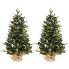 HOMCOM Set of Two 3ft Christmas Trees, with Lights, Berries and Pinecones - 1