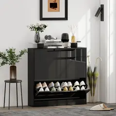 HOMCOM Shoe Storage Cabinet with Slide Out Drawer, 2 Flip Doors, Tempered Glass Top - Black - 2