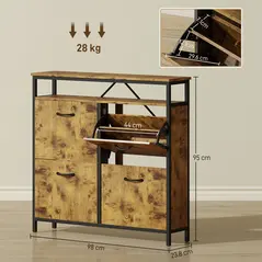HOMCOM Shoe Storage Cabinet with 4 Flip Drawers and Open Shelf - Rustic Brown - 3