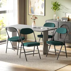 HOMCOM Set of Four Folding Corduroy Seat Chairs - Teal - 2
