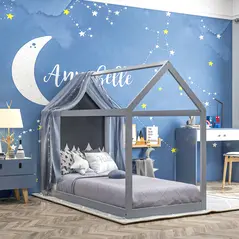 HOMCOM Single Bed Frame, House Scandinavian Style Wooden Bed Frame for 90W x 190Dcm Mattress, Pine Wood Bed Base, Grey - 2