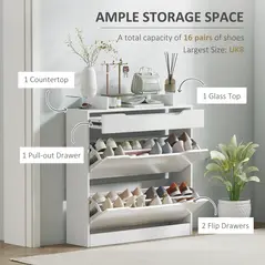 HOMCOM Shoe Storage Cabinet with Slide Out Drawer, 2 Flip Doors, Tempered Glass Top - White - 4