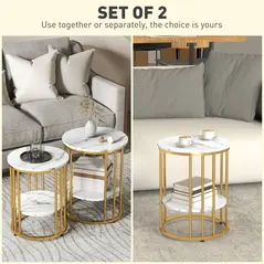 HOMCOM Set of Two Marble-Effect Coffee Tables - White/Gold-Tone - 4