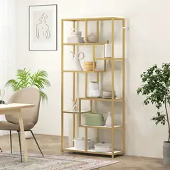 HOMCOM Seven-Tier Geometric Bookcase - White/Gold Tone - 8