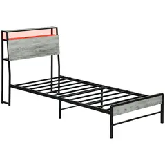 HOMCOM Single Steel Bed Frame, with LED Lights and Shelf - Grey - 1