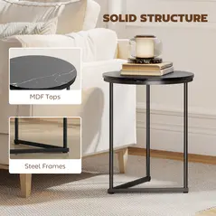 HOMCOM Set of Two Marble-Effect Nest of Tables - Black Marble Effect - 6