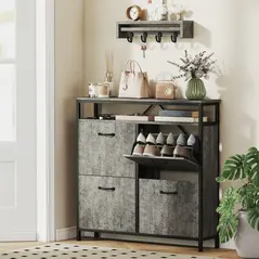 HOMCOM Shoe Storage Cabinet with 4 Flip Drawers and Open Shelf - Cement Grey - 2