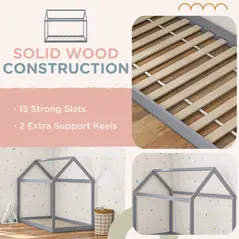 HOMCOM Single Bed Frame, House Scandinavian Style Wooden Bed Frame for 90W x 190Dcm Mattress, Pine Wood Bed Base, Grey - 6