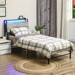 HOMCOM Single Steel Bed Frame, with LED Lights and Shelf - Grey - 2