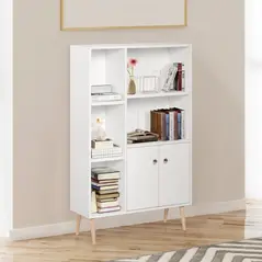 HOMCOM Sideboard Storage Cabinet Cupboard, Open Bookcase with 2 Doors 5 Compartments Wooden Modern Style for Living Room Bedroom Kitchen 80 x 23 x 123 cm, White - 2