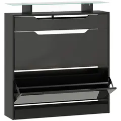 HOMCOM Shoe Storage Cabinet with Slide Out Drawer, 2 Flip Doors, Tempered Glass Top - Black - 1