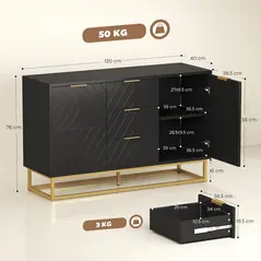 HOMCOM Sideboard with 3 Drawers and Adjustable Shelves for Living Room - Black - 3