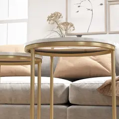 HOMCOM Set of Two Marble-Effect Nest of Tables - White/Gold-Tone - 9