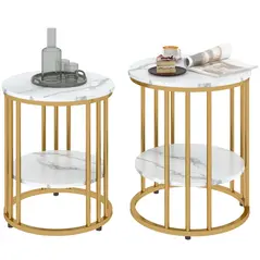 HOMCOM Set of Two Marble-Effect Coffee Tables - White/Gold-Tone - 1