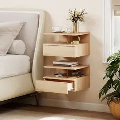 HOMCOM Set of Two Floating Bedside Tables - Oak Tone - 2