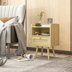 HOMCOM Set of Two Rattan Weave Bedside Tables - Wood Effect - 7