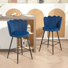 HOMCOM Set of Two Velvet-Feel Lotus Bar Stools - Dark Blue - 2