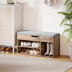 HOMCOM Shoes Cabinet Bench Hidden Storage Padded Seat Organiser Footwear Rack Hallway Grey Wood Grain - 8