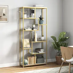 HOMCOM Seven-Tier Geometric Bookcase - White/Gold Tone - 2